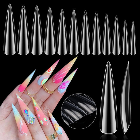 504PCS 3XL Stiletto Nail Tips, 3XL Extra Long Clear for Acrylic Nails Professional, 12 Sizes Tapered Acrylic Full Nail Tips Press On Gel Nail Tips for Nail Salons Home DIY