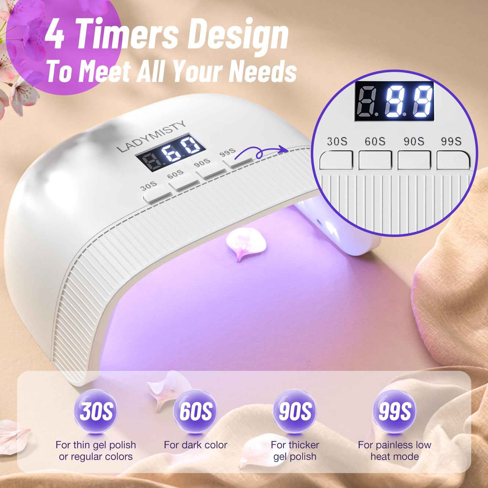 LadyMisty UV Nail Lamp - Fast Drying, UV Light for Gel Nails with 30 Dual Lamp Beads, 4 Timer, LCD Display, Energy Efficient LED Nail Light for Home & Salon
