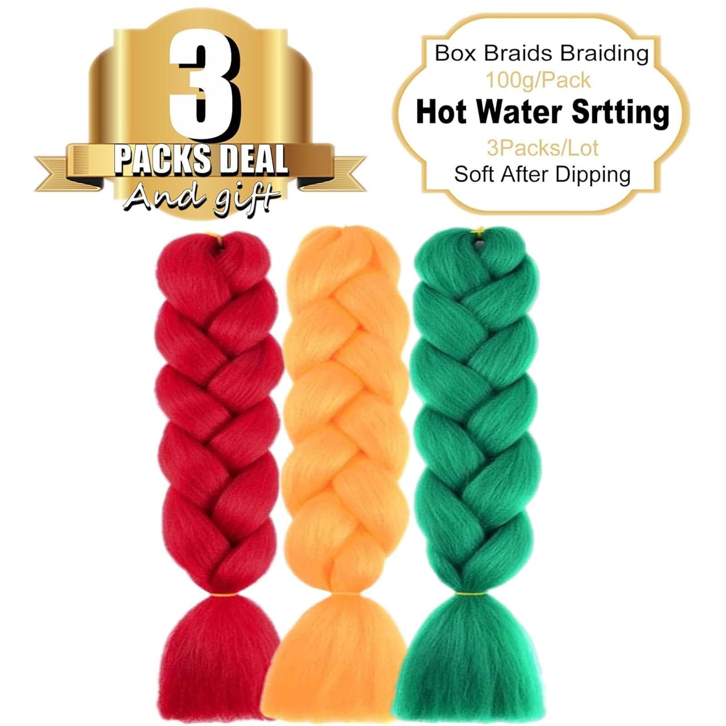 TENGSHUO FLY Rainbow Red/Orange/Green Braiding Hair Extensions 6 Packs/24 Inch Synthetic Jumbo Ombre Box Braiding Hair for Women(24" 3Pack,Red/Orange/Green)