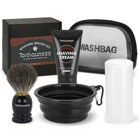 Travel Shaving Brushes Kit For Men, 5 In 1 Shaving Brush Set With Badger Hair Shave Brush, Shaving Brush Travel Case, Shaving Cream, Foldable Shaving Bowl and Washbag For Trip, Holiday