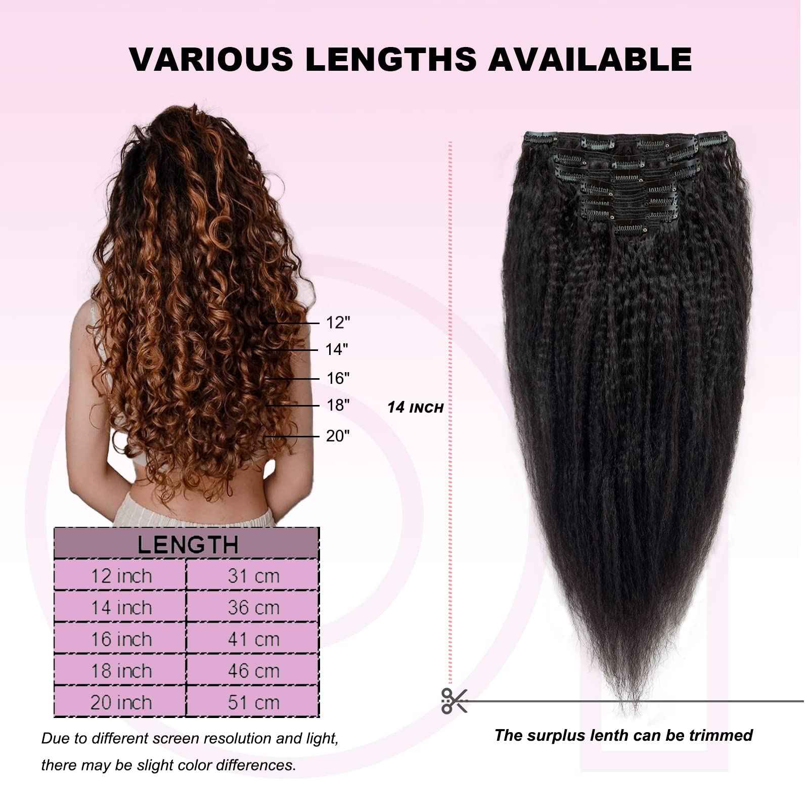 OiMiGO Real Hair Extensions, Natural Black Kinky Straight Clip in Extensions Brazilian Human Hair Clip ins Extension for Black Women 7 Pieces 14 Inch 120g