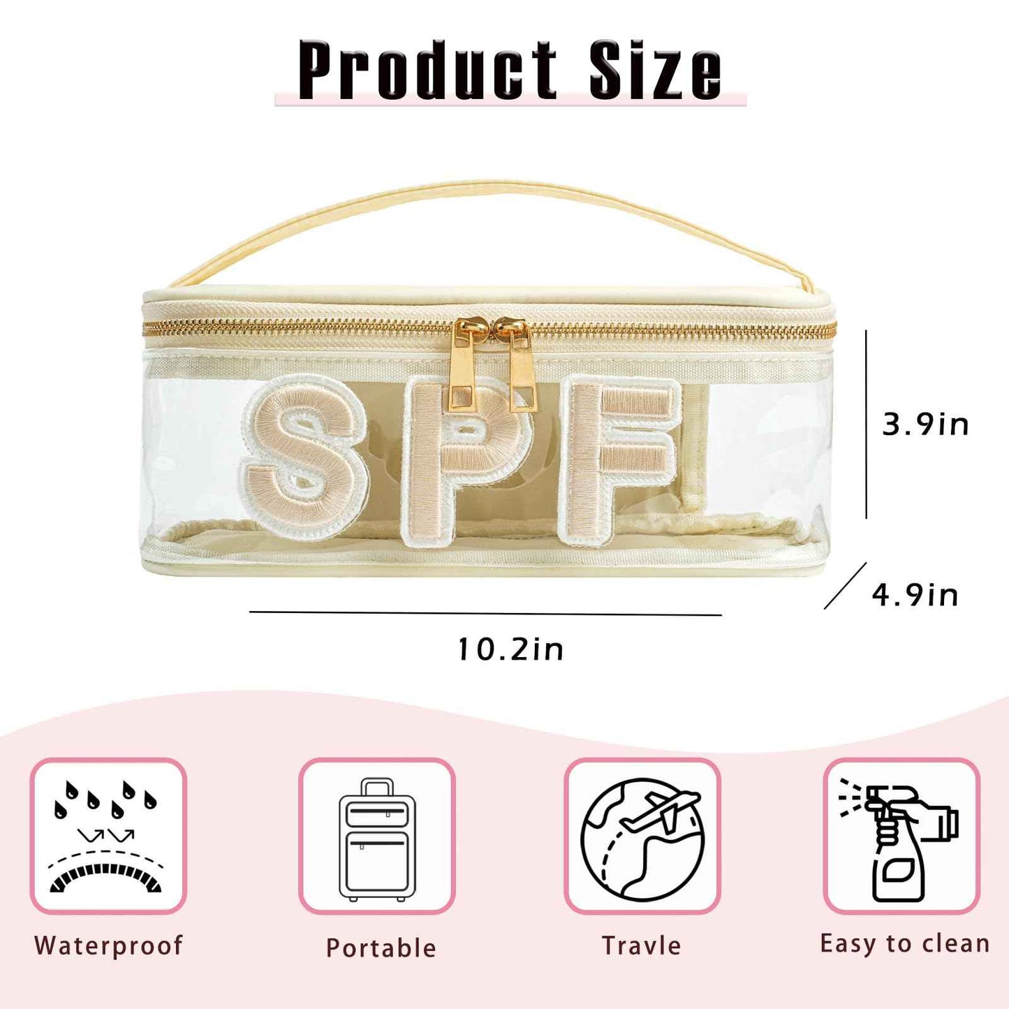 RSRSLEII Clear Waterproof Summer SPF Makeup Bag，Aesthetic Transparent Letter Patch Cosmetic Bag with Metal Zipper, Preppy Sunscreen Accessories Storage Organization, Beach Travel Purse(02SPF Beige)