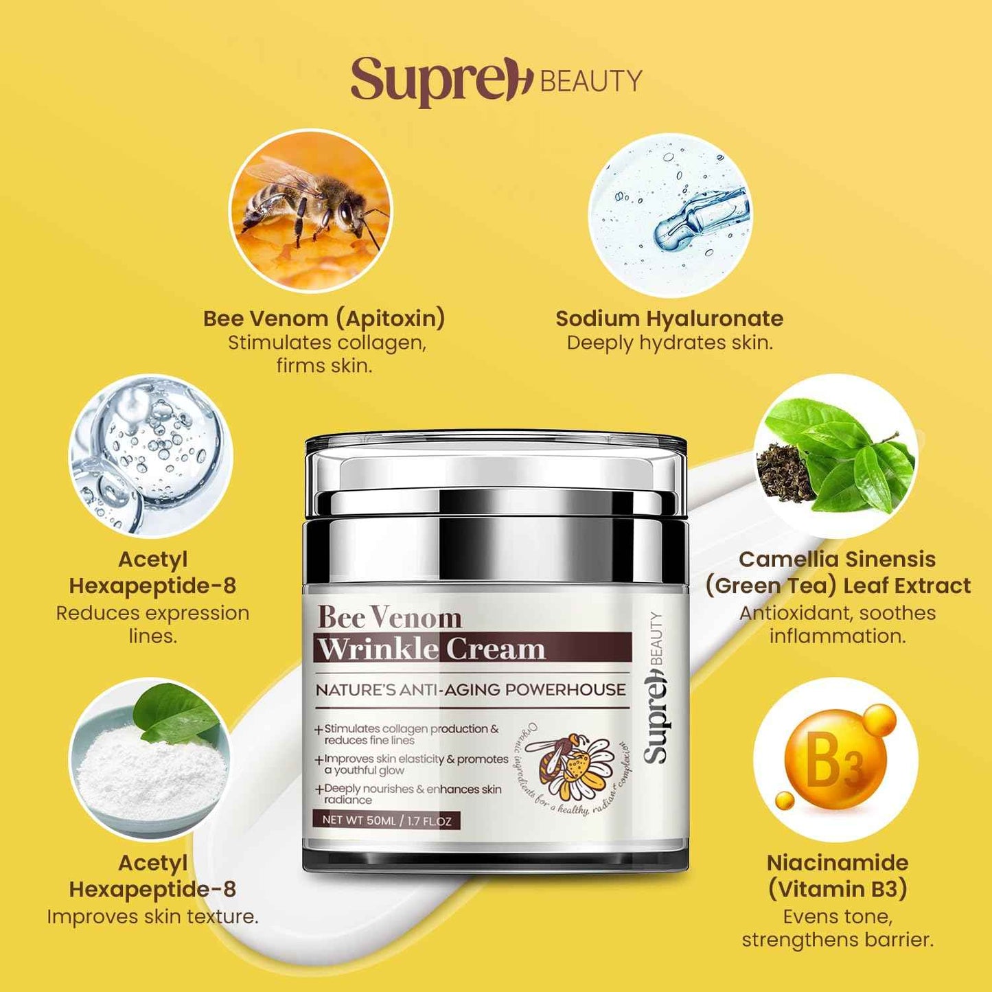 SupreH Bee Venom Wrinkle Cream: Wrinkle Cream for Women with Bee Venom Hyaluronic acid Niacinamide and Peptides - for fine lines and face firming 50