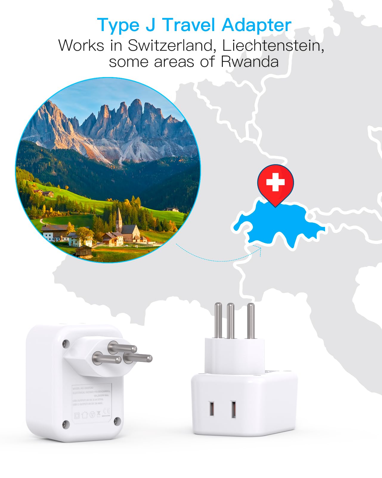 Switzerland Travel Plug Adapter, Type J Power Adapter with 2 Outlets 2 USB C Ports, Swiss Plug Adapter for Amercian US to Switzerland, Liechtenstein, Rwanda, 2 Pack