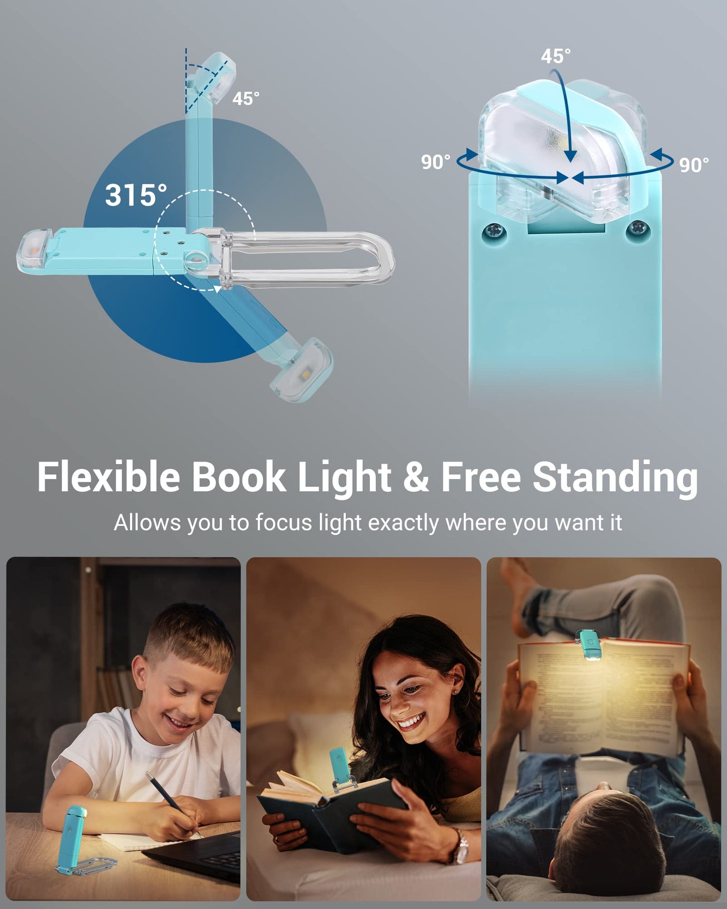 DEWENWILS USB Rechargeable Book Light for Reading in Bed, LED Book Reading Lights with Clip, Perfect for Bookworms, Kids, Warm White, Brightness Adjustable (Blue)