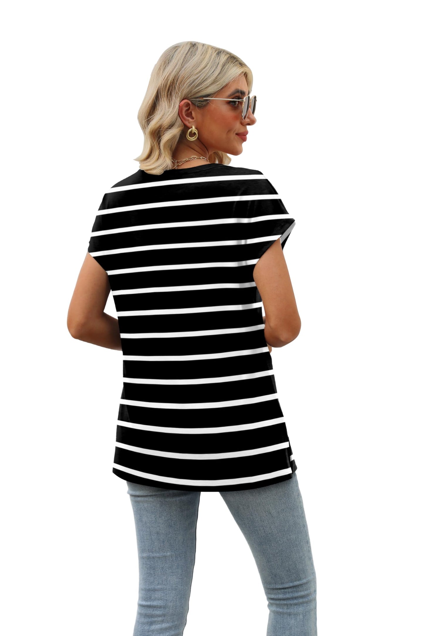 Striped Shirt Women Cap Sleeve Summer Tops 2024 Trendy Cute Tank Tops V Neck Shirts Black and White S