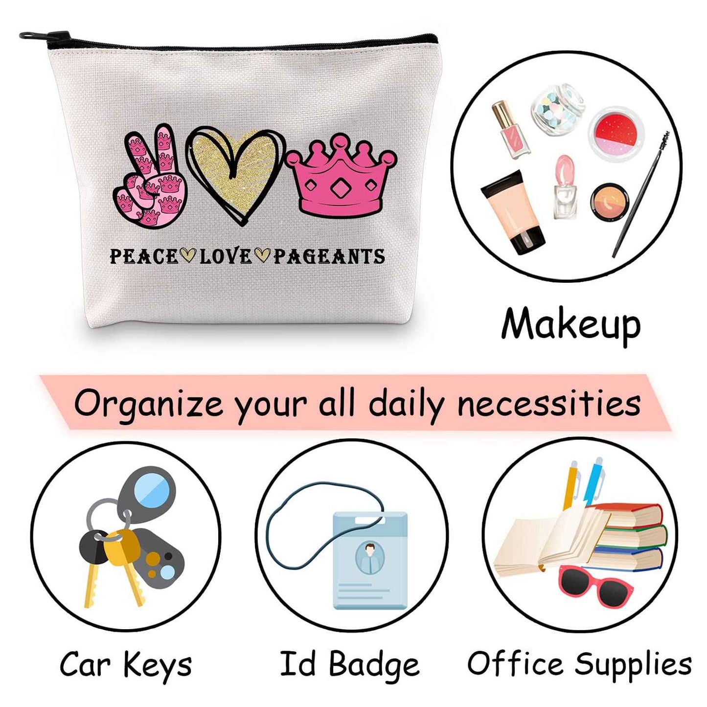 JXGZSO Pageant Queen Gift Beauty Pageant Gift Pageant Crown Cosmetic Bag Peace Love Pageant Makeup Pouch Pageant Zipper Bag