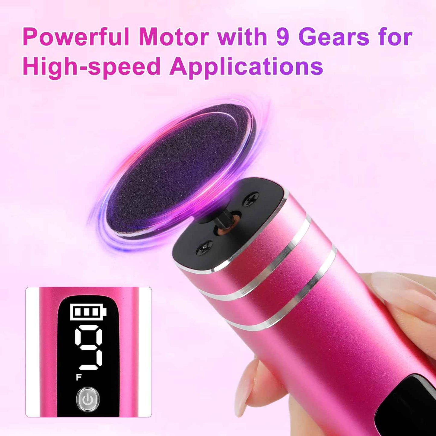 Electric Foot File, 2 in 1 Electric Foot Callus Remover, Adjustable 9 Speed Rechargeable Pedicure Foot Filer with LED Display, Replaceable Sandpaper Discs & Nail Bands (Rose Gold)