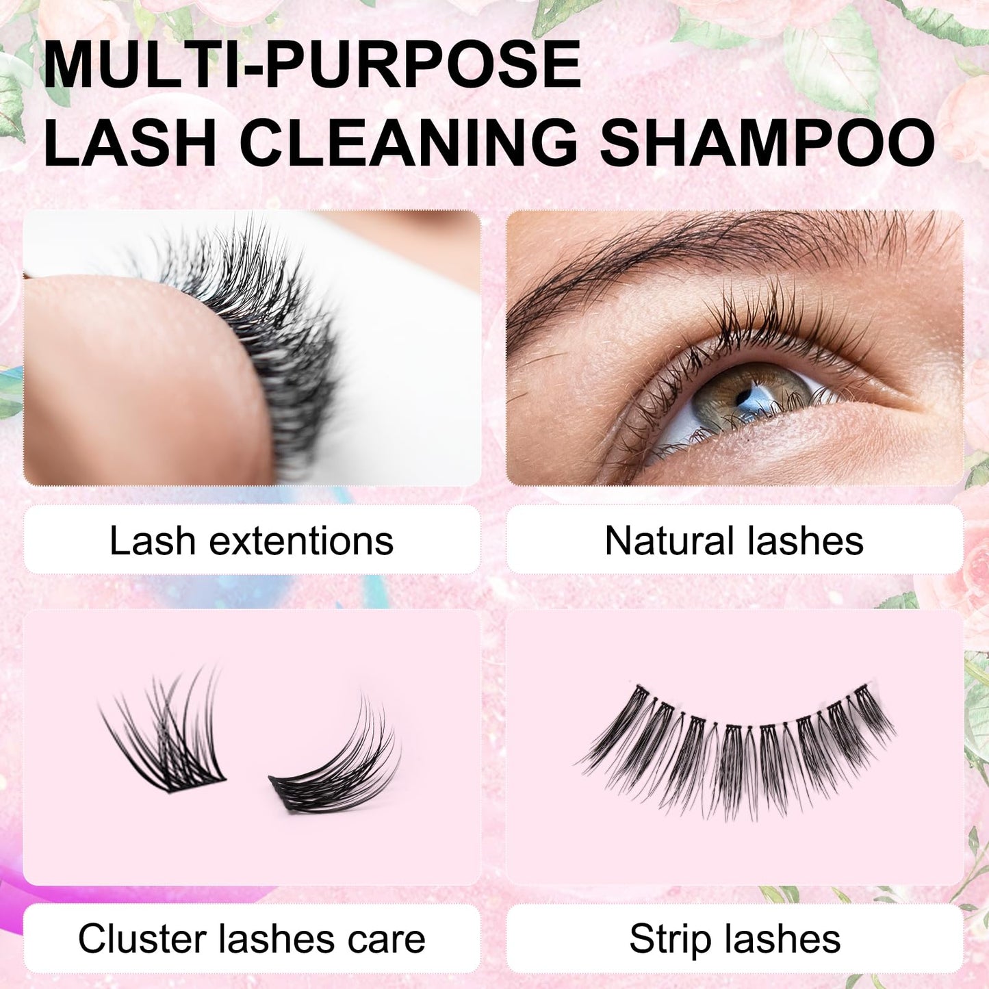 MERETON Lash Shampoo Kit for Lash Extensions, Eyelash Extension Cleanser Lash Cleaner Lash Cleaning Kit for Cluster Lashes Lash Bath with Makeup Pad+ Brush+Rinse Bottle, Oil Free Foam