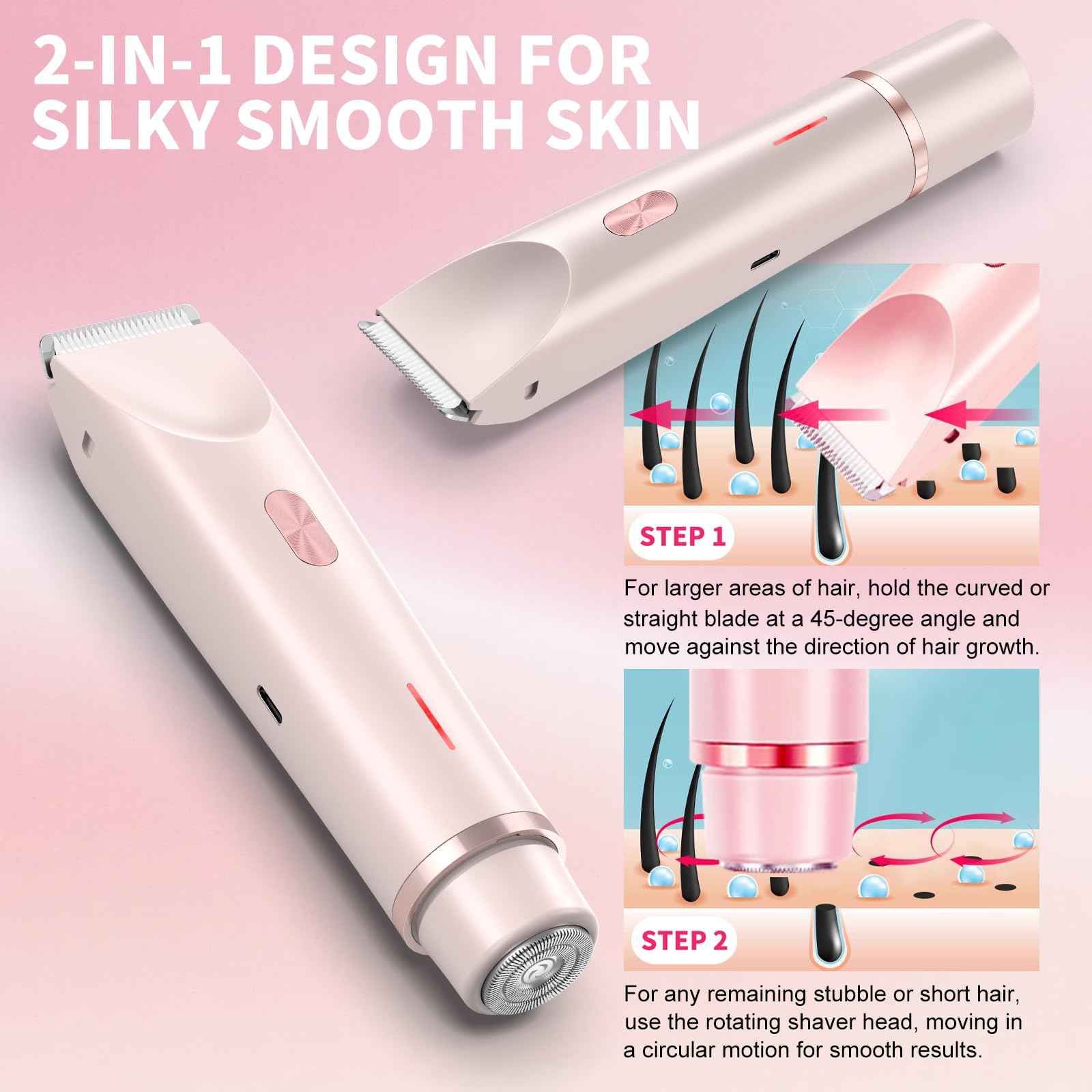 2025 Glow Aura Womens Shaver, 2-in-1 Women's Body Shaver, Dual Head Bikini Electric Razor for Women, IPX67 Waterproof Wet & Dry Use Body Hair Trimmer (Pink)