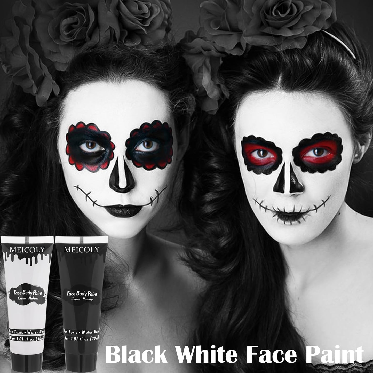 MEICOLY Black White Face Body Paint with Sponges,Water Based Face Paint for Adults and Kids,Cream Body Paint,Face Painting for Clown Makeup,Halloween SFX Skull Zombie Skeleton Goth Cosplay Mime Makeup