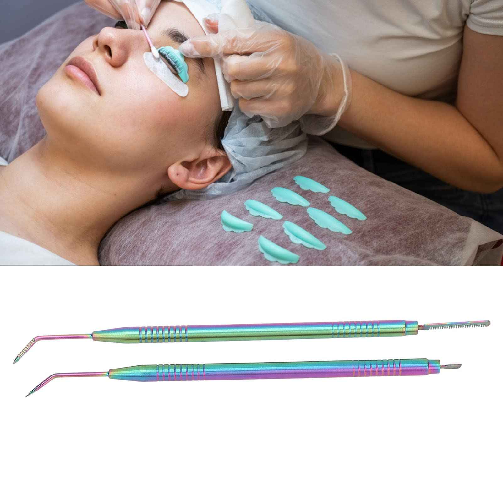 Brrnoo 2 Pieces Eyelash Perm Tool,Lash Separator Tint Tool,Stainless Steel Lash Rods Tool with Comb for Eyelash Eyebrow Perming Tinting Curling Extensions (Colorful)