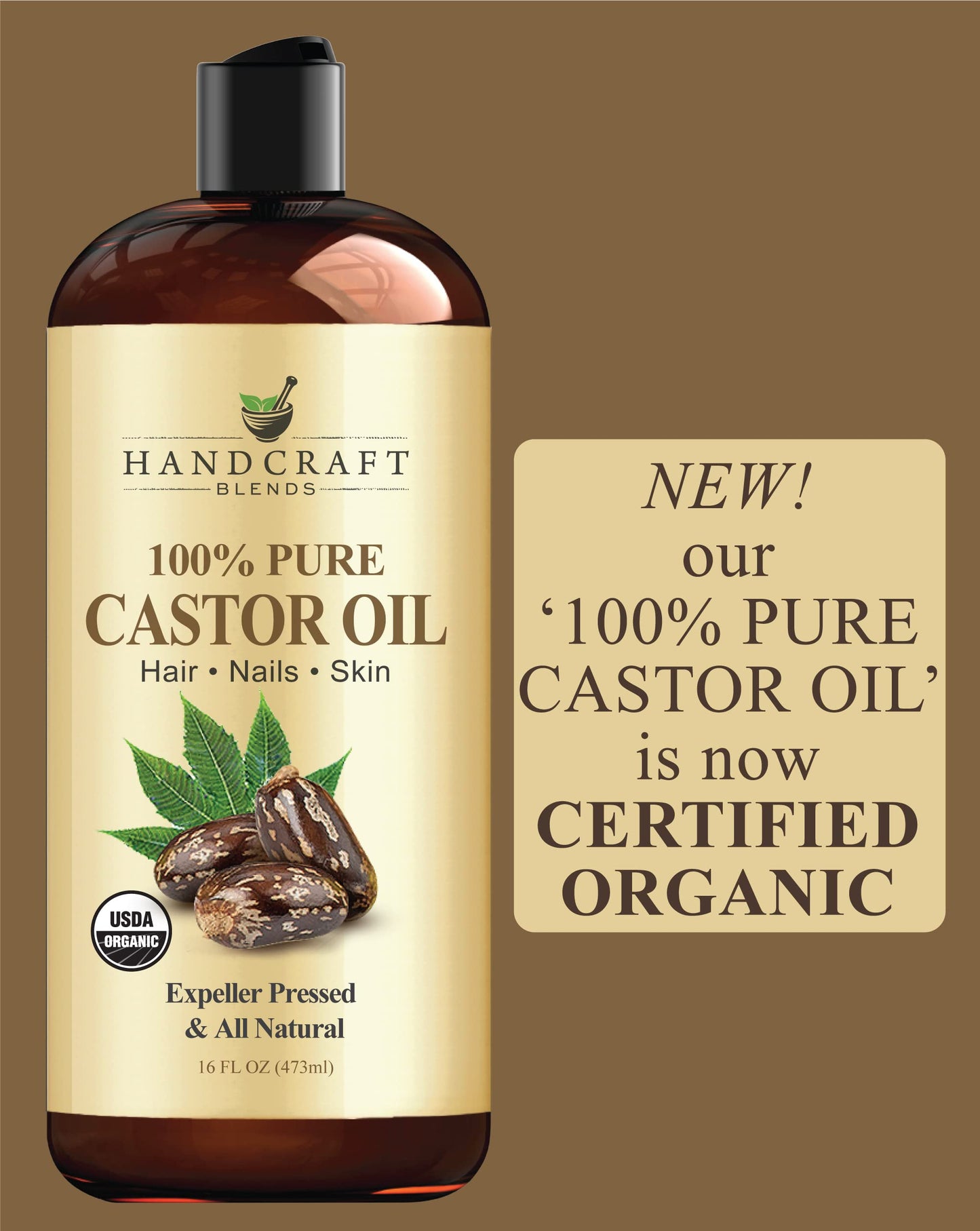 Handcraft Blends Organic Castor Oil for Hair Growth, Eyelashes and Eyebrows - 100% Pure and Natural Carrier Oil, Hair Oil and Body Oil - Moisturizing Massage Oil for Aromatherapy - 16 fl. Oz