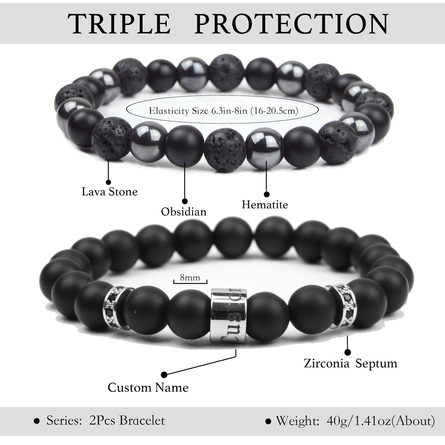 Mens Bracelet Custom Name Bracelet Black Obsidian Beaded Bracelets Triple Protection Bracelet Gifts for Boyfriend