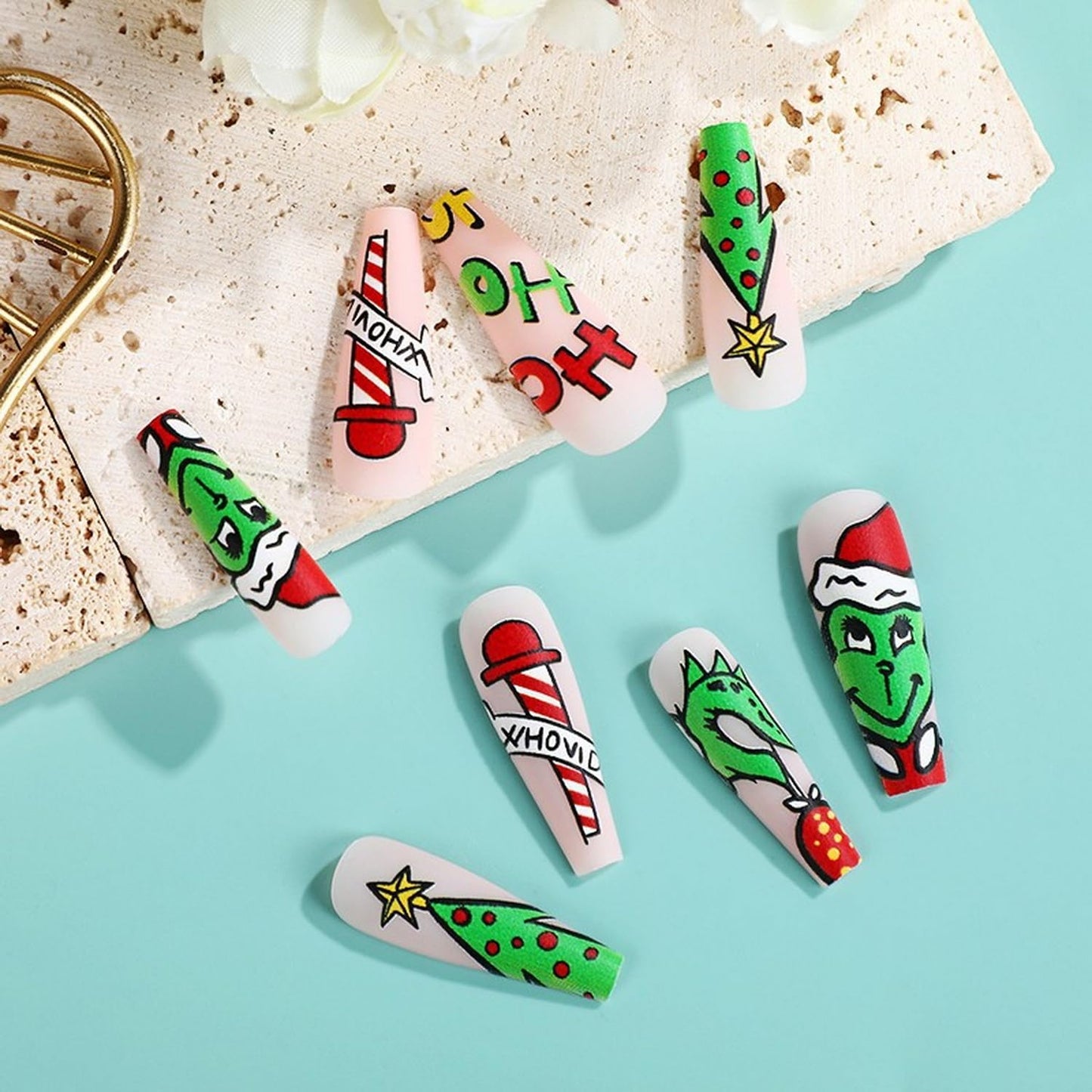 Christmas Press on Nails Long Coffin Fake Nails Cute Cartoon Grinchs Stick on Nails False Nails with Designs Acrylic Nails Winter Xmas Glue on Nails Full Cover Holiday Artificial Nails for Women