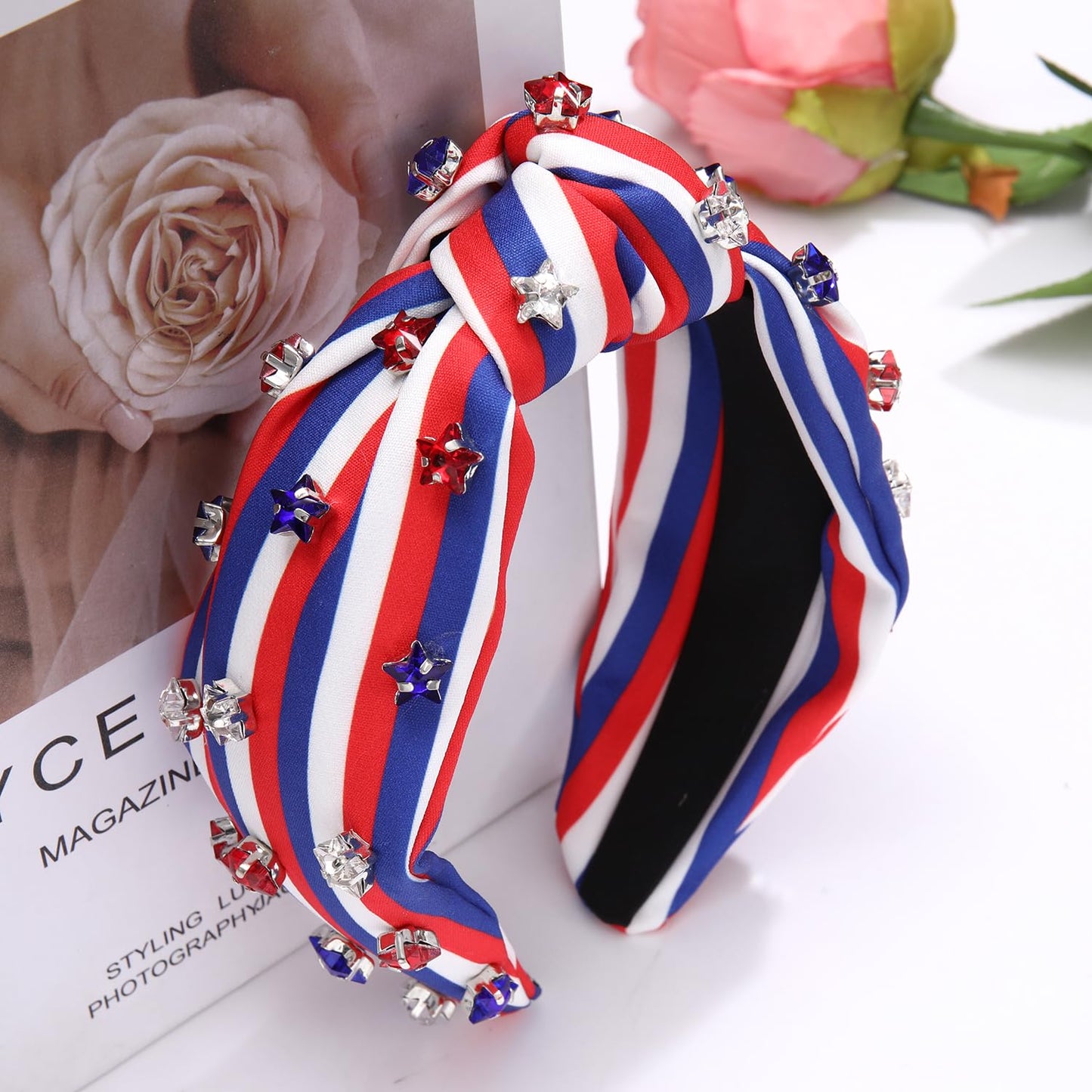 GLBCC 4th of July Headband American Flag Crystal Star Knottted Headband for Women Fourth of July Patriotic Headband Headpiece Red White and Blue Stripe Top Knot Wide Hairband