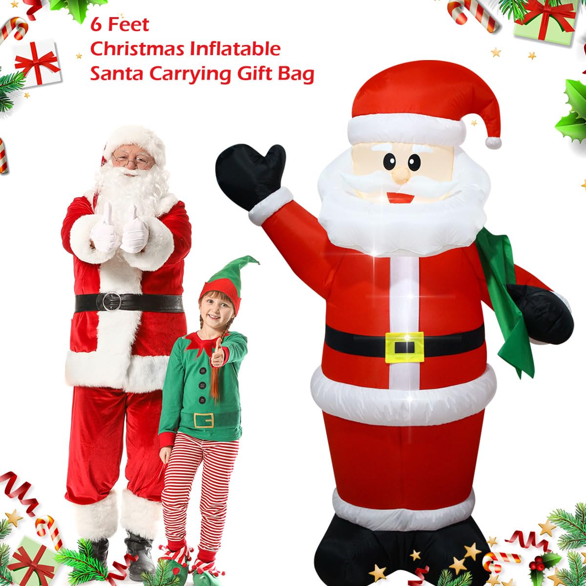 FARONZE Christmas Inflatable Santa Claus Lighted Interior Inflatable Christmas Decoration with Built-in Fan and Anchor Ropes (6FT Santa Carry Bag)