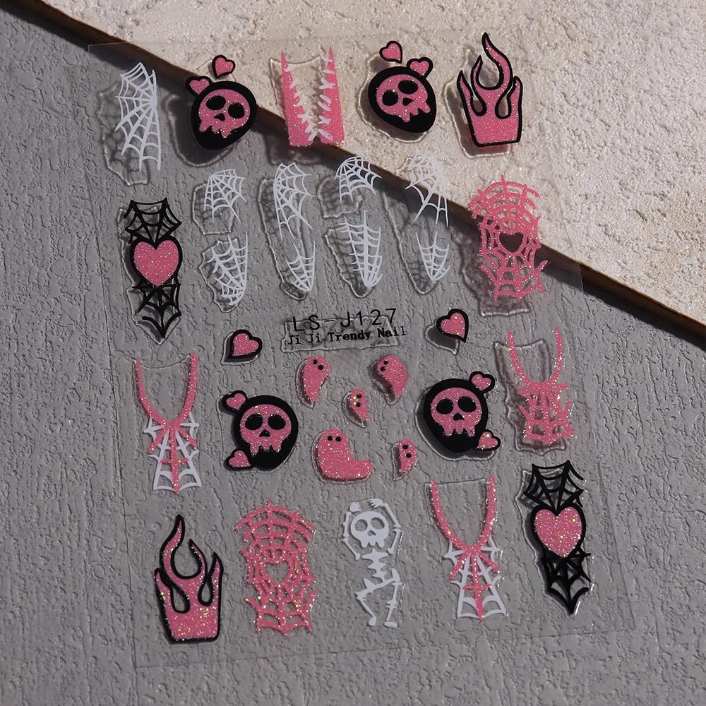 4 Sheet Halloween Nail Art Stickers Halloween 3D Self-Adhesive Cartoon Nail Stickers Decals Cute Butterfly Flame Heart Spider Web Skull Designs Halloween Nail Decorations DIY Nail Supplies for Women