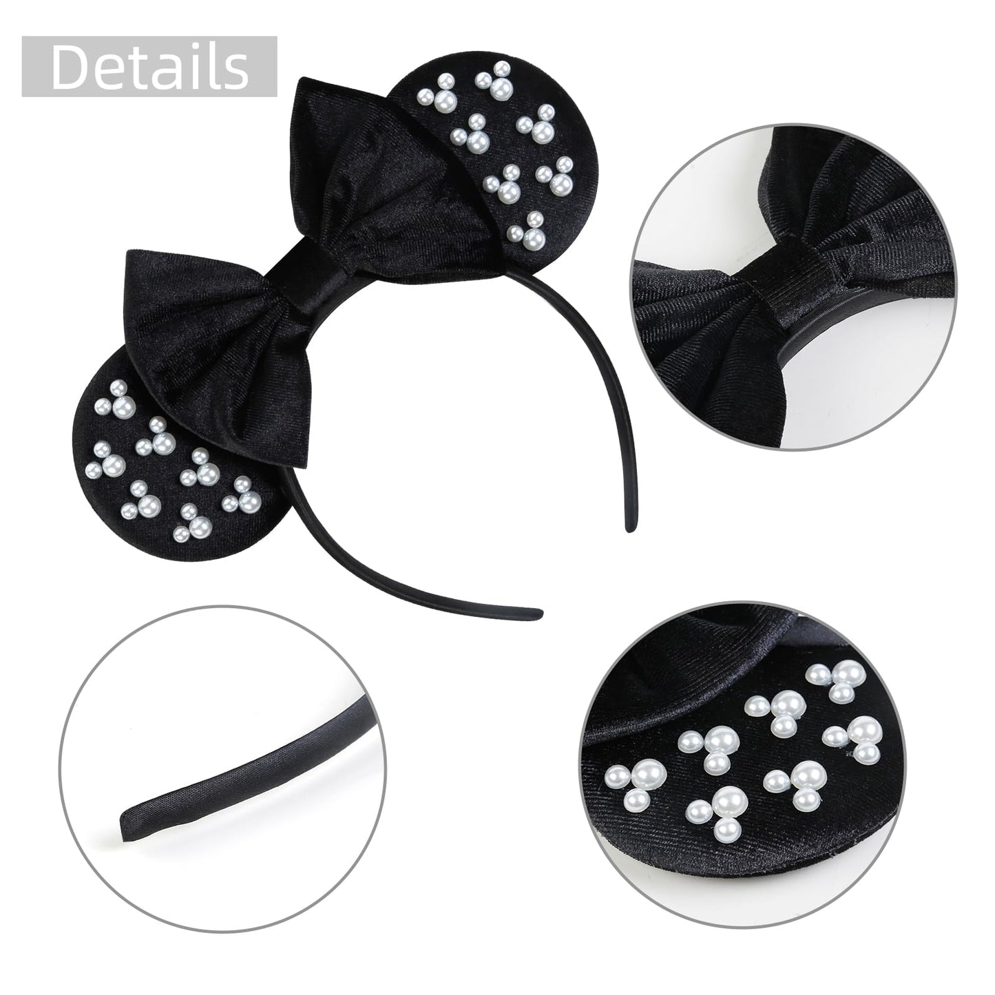 WOVOWOVO Mouse Ears Headbands for Women Girls Black Bow Pearl Hairbands Velvet Headband Christmas Cosplay Costume Princess Party Decorations