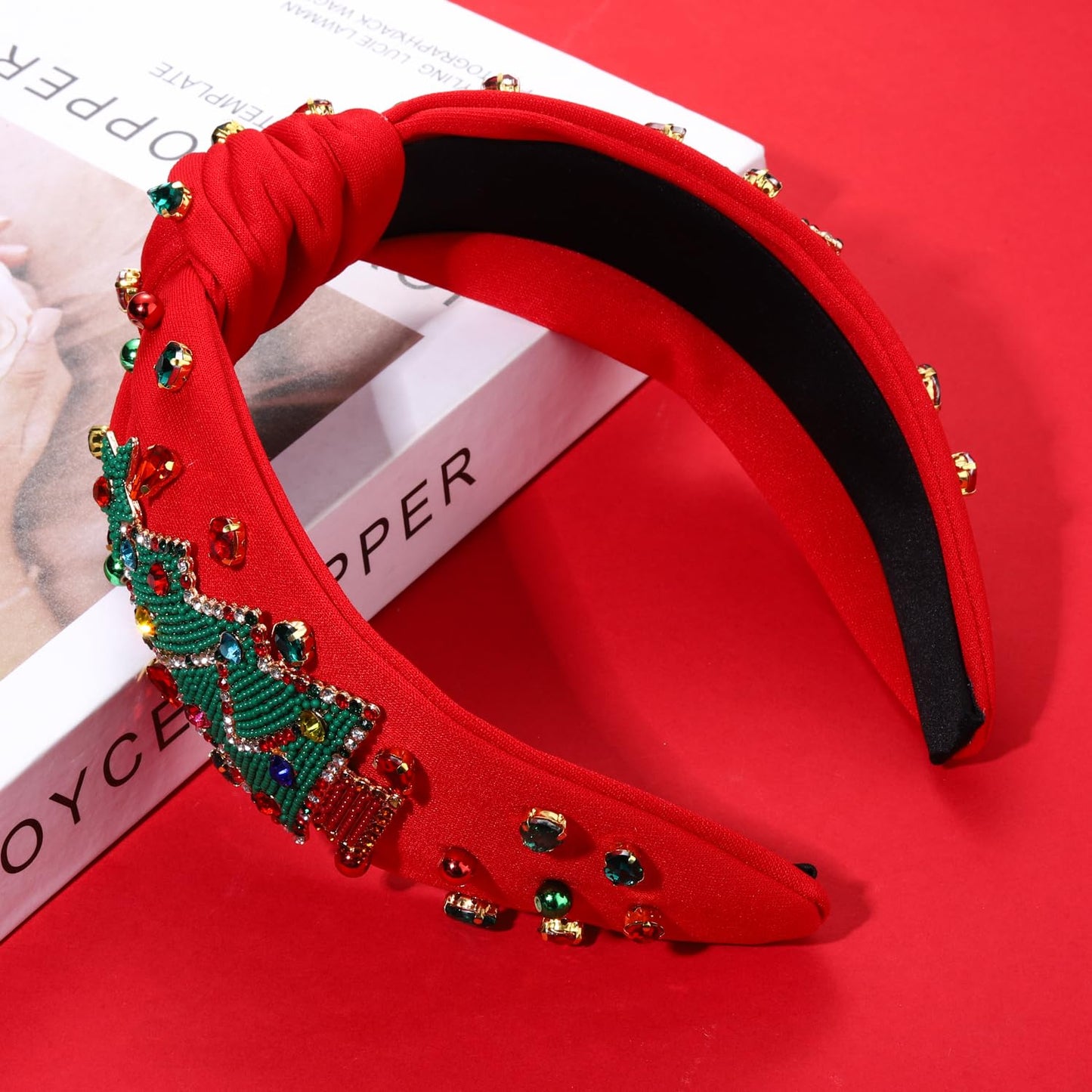 Christmas Headband for Women Holiday Christmas Accessories Beaded Xmas Bow Tree Snowflake HOHOHO Knotted Headband Red Green Crystal Pearl Top Knot Headband Festive Holiday Gifts (Xmas Tree 6)