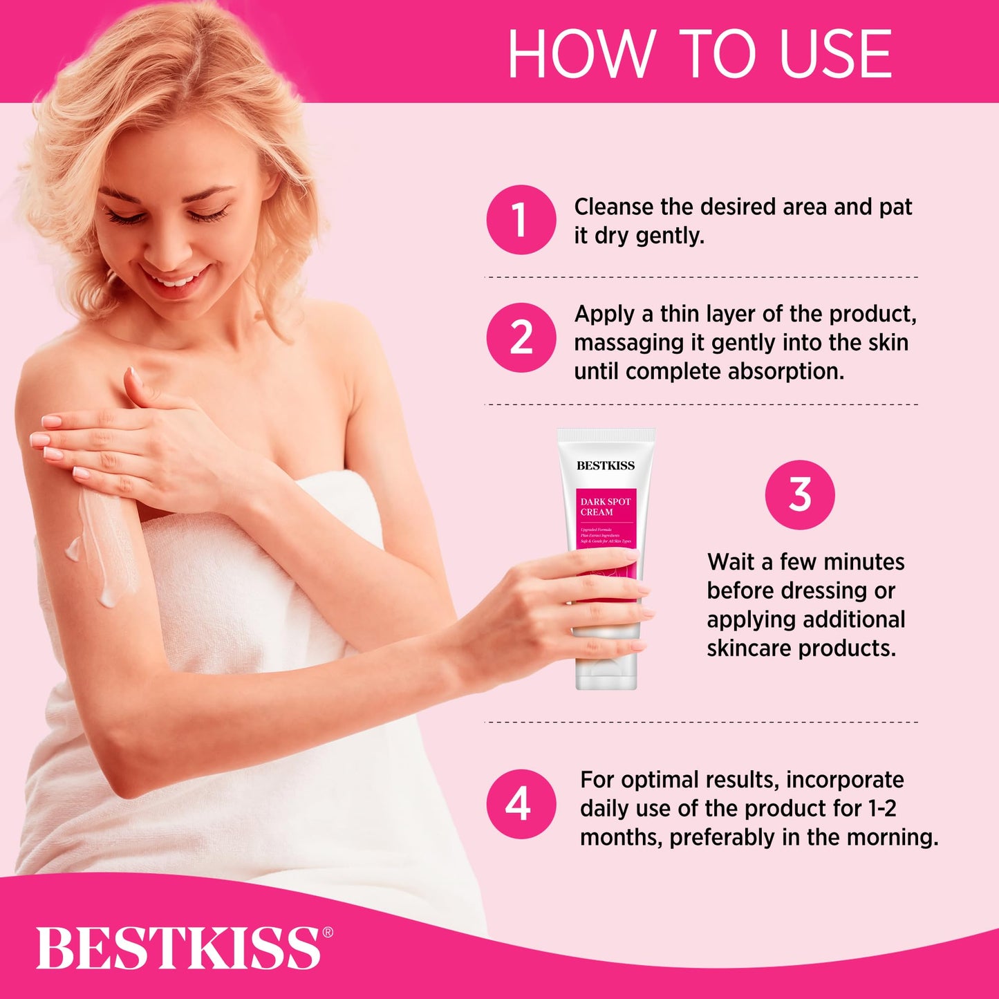 Bestkiss Dark Spot Corrector Cream: Dark Spot Remover for Body - Faded Spot Age Spot Melasma Correcting Brightening Moisturizer for Underarm Neck Bikini Area - Patented Skin Care Formula 60 g/2 OZ