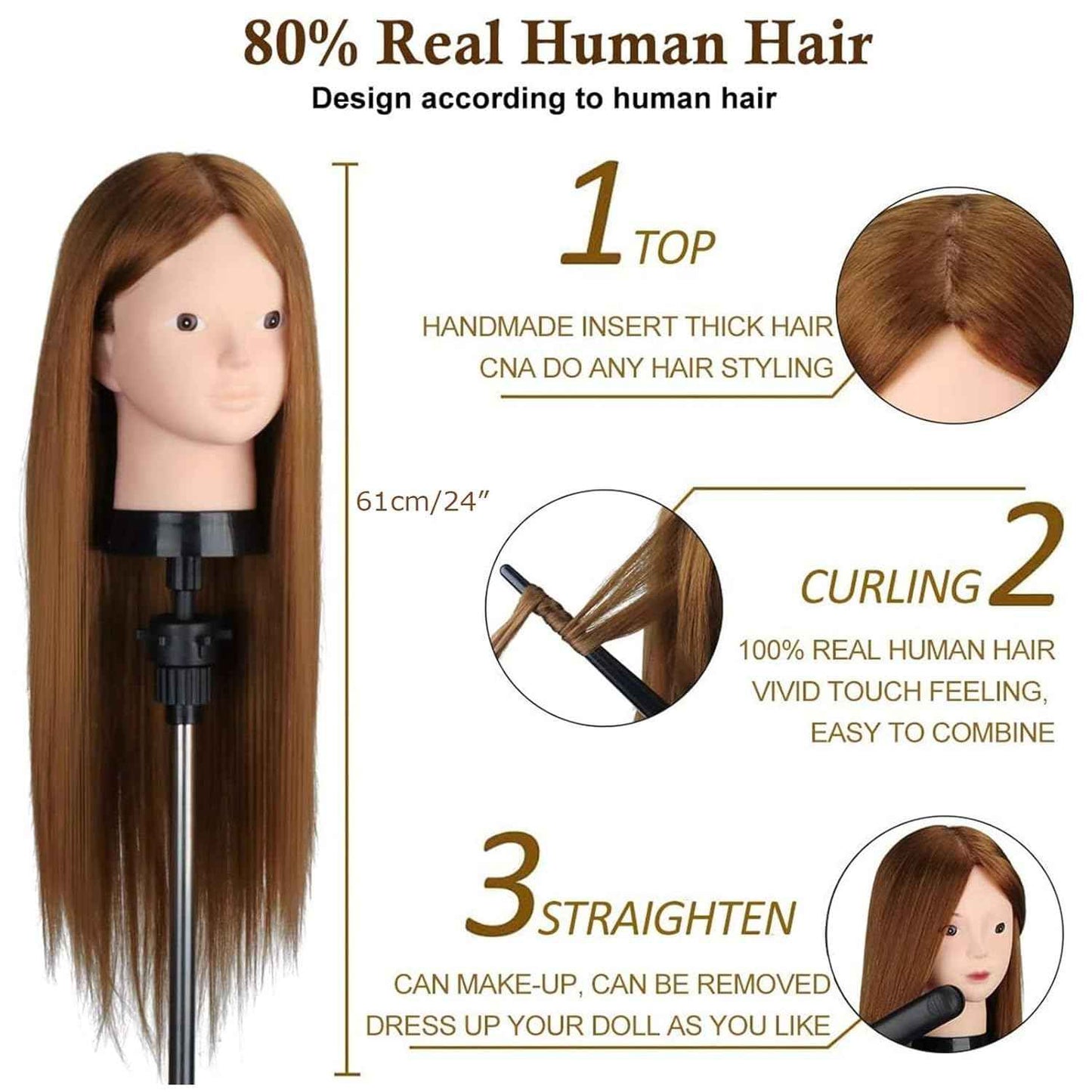 Mannequin Head with 80% Human Hair, TopDirect 24" Brown Real Hair Cosmetology Mannequin Head Hair Styling Hairdressing Practice Training Doll Heads with Clamp Holder and Tools