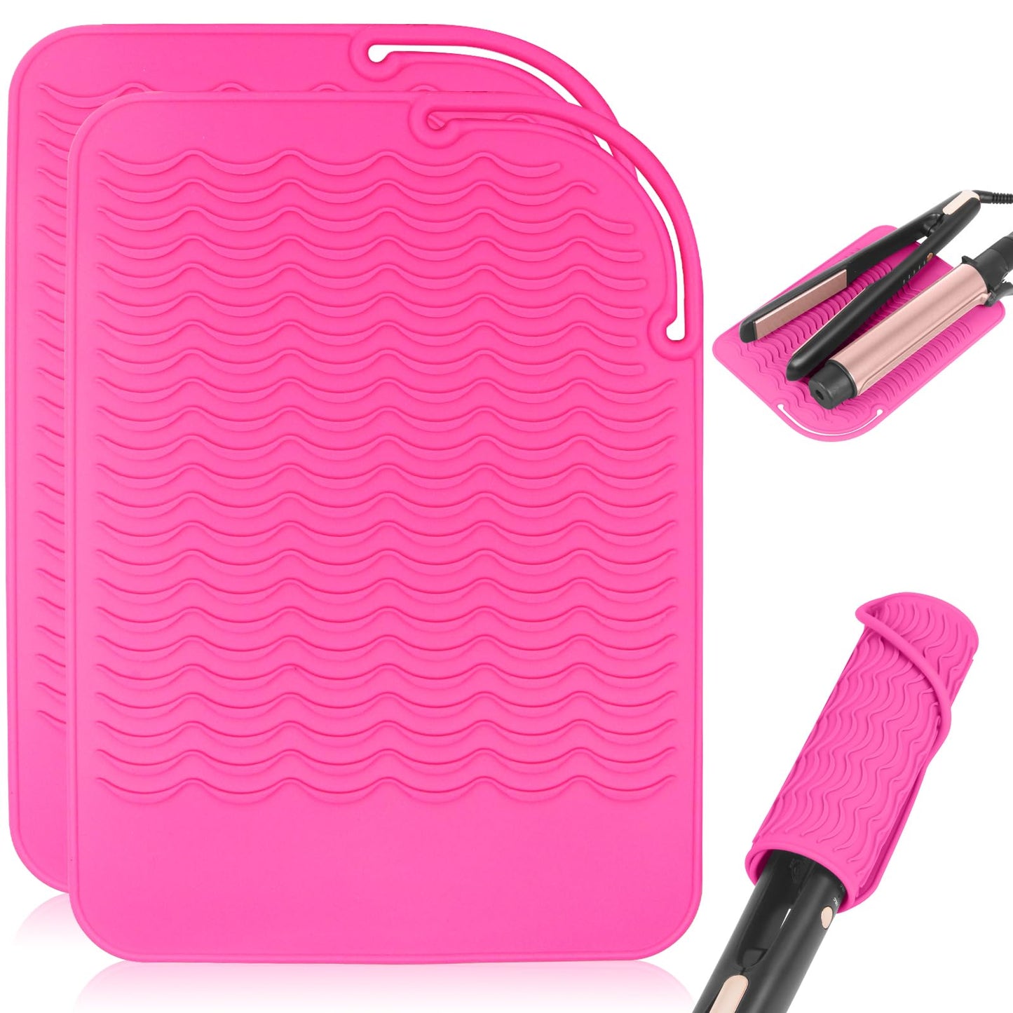 WRORUNER 2 Pcs Hair Iron Heat Resistant Silicone Mat, Portable Hot Tools Station Pad Cover for Curling Iron, Flat Iron, Hair Straightener and Hair Styling Tools(9"" x 6.5""), HotPink