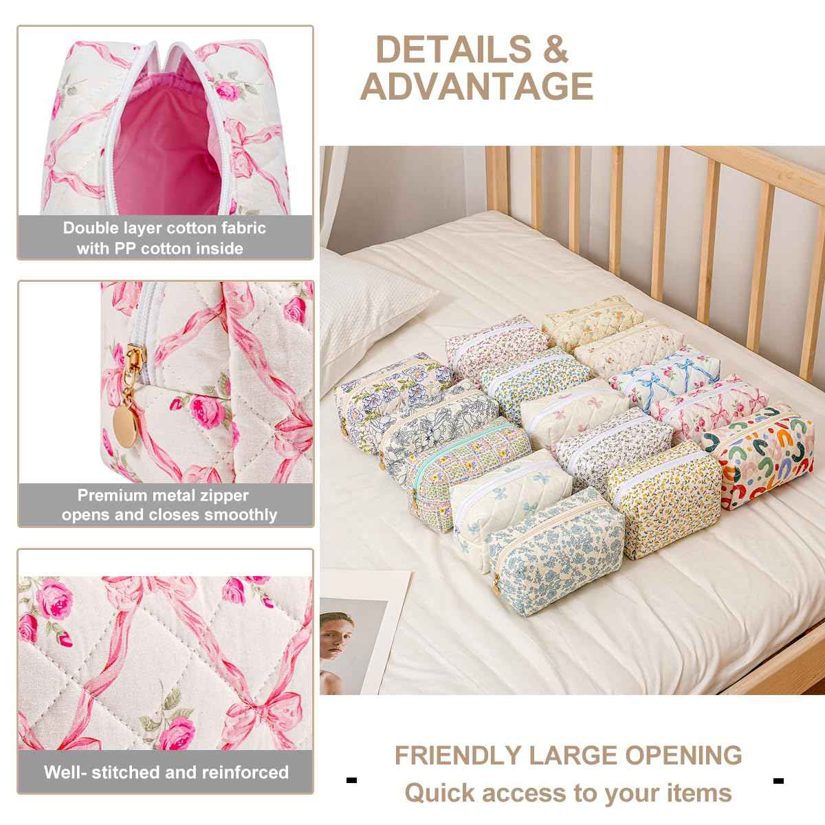 Gleyemor 2 Pieces Quilted Makeup Bag, Cute Floral Cosmetic Bag for Women, Cotton Make Up Bag Set, Flower Travel Toiletry Bag Tote Pouch Organizer (Pink Floral+ Pink Rose)