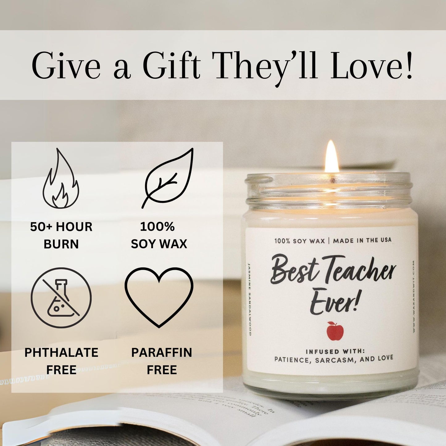 WAX & WIT Teacher Gifts for Women, Teacher Candle, Jasmine Sandalwood Scented Candle, Teacher Appreciation Gifts, Cool Gifts for Teachers, Best Teacher Gifts for Women, White Candle - 9oz