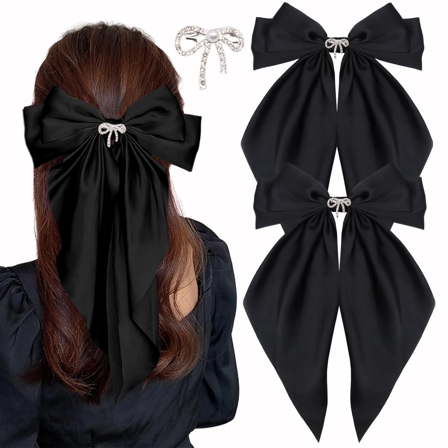 Big Bow Hair Clips for Women And Girls, Cute Silky Satin Bows Barrettes Hair Accessories Oversized Long Tail Ribbons Metal Hairpin 2pcs (black+black)