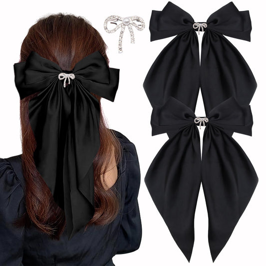 Big Bow Hair Clips for Women And Girls, Cute Silky Satin Bows Barrettes Hair Accessories Oversized Long Tail Ribbons Metal Hairpin 2pcs (black+black)