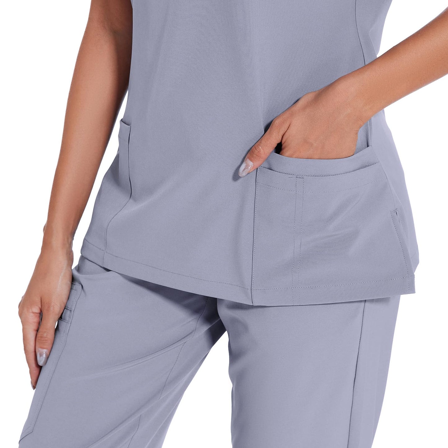 COZYFIT Scrubs for Women Set - Stretch V-Neck Scrub Top & Jogger Pant with 8 Pockets, Yoga Waistband, Anti Wrinkle, Slim Fit Women Scrubs - Light Grey, S