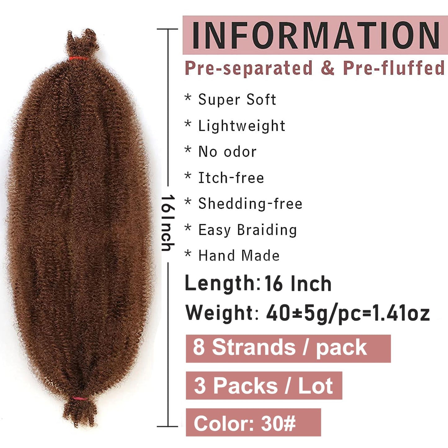 16 Inch Soft Springy Afro Twist Braiding Hair 3 Packs Pre Fluffed Wrapping Hair For Distressed Faux Locs Honey Brown Marley Twist Crochet Braiding Hair Synthetic Extension For Women（8Strands/Pack,30#）