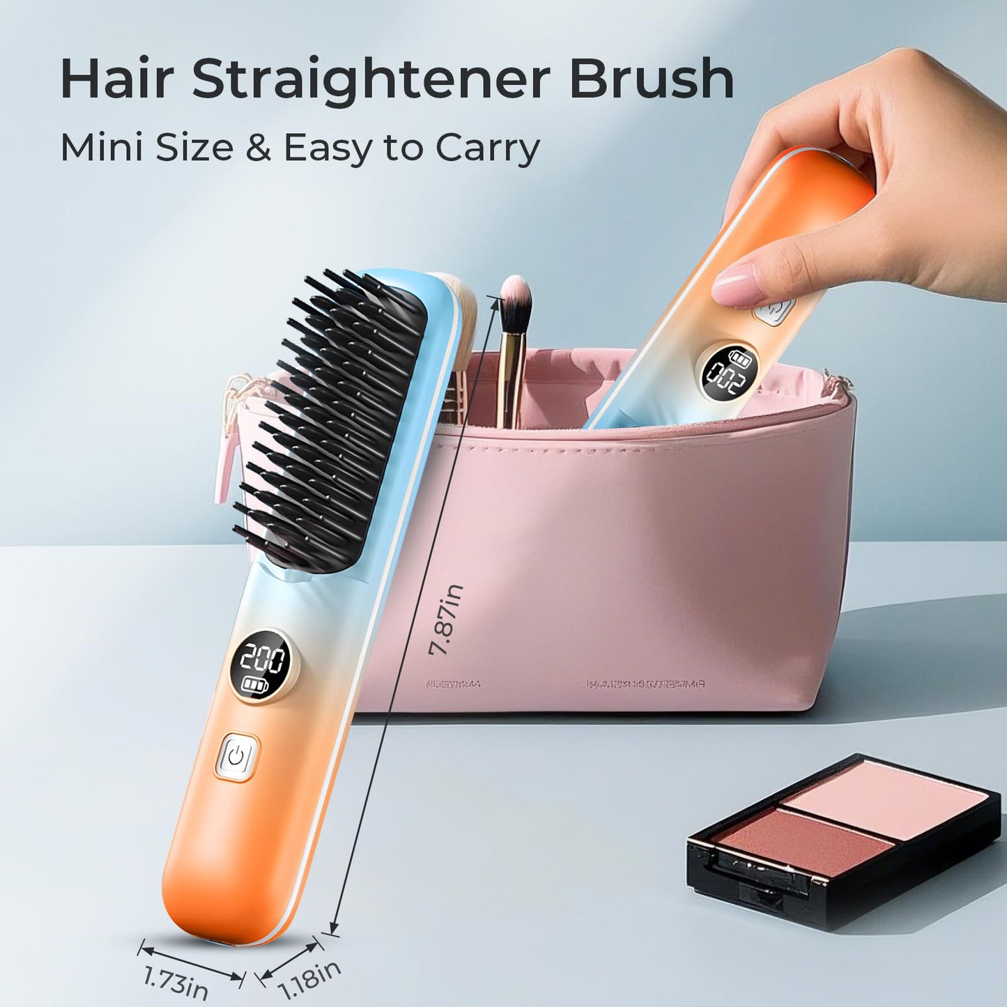 Unaone Cordless Hair Straightener Brush - Portable Mini Hair Straightening Comb for Travel, Negative Ion Hot Comb Hair Straightener for Women, Gradient Orange