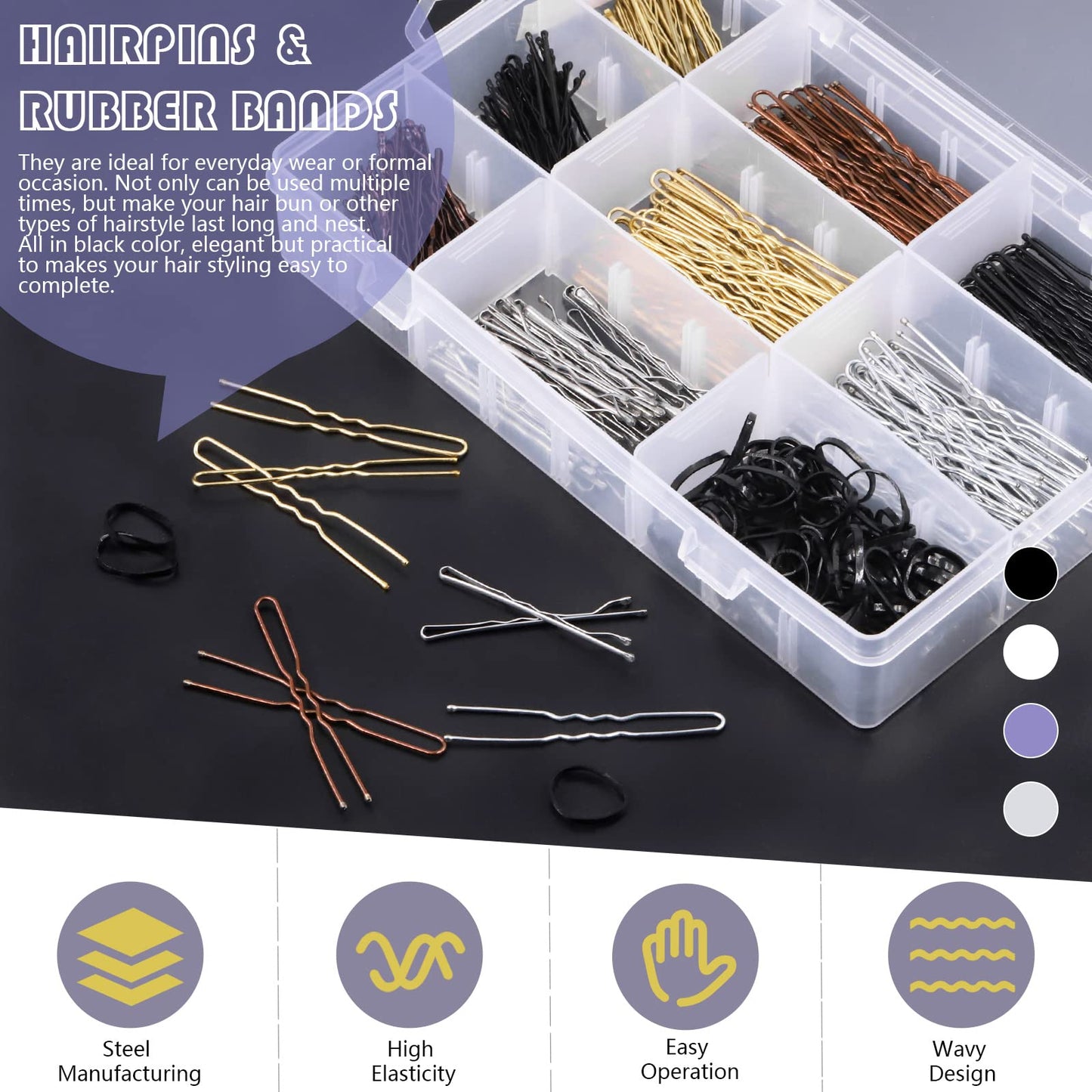 Swpeet 420Pcs 2 Styles 1.9Inch 2.4Inch Black/Gold/Brown/Silver Hair Pins Bobby Pins with Rubber Bands Kit, Including 160Pcs Bobby Pins and 160Pcs U Hair Pins Hair Clips for Girls and Women