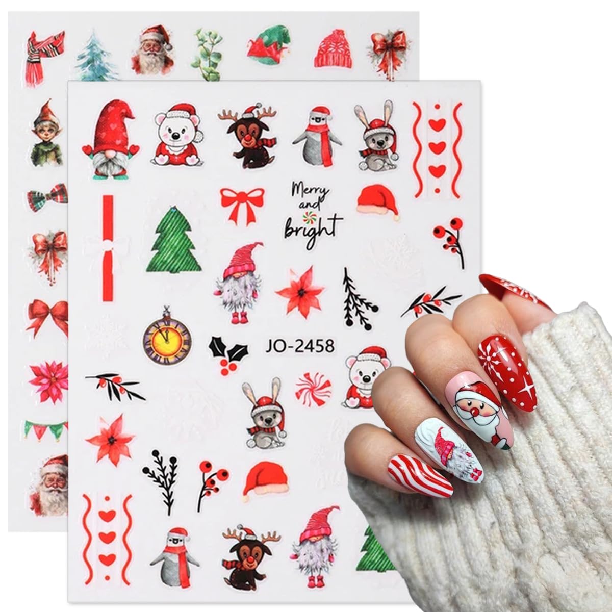 8 Sheets Christmas Nail Art Stickers 3D Self-Adhesive Cute Holiday Nail Stickers Snowmen Santa Claus Elk Designs Sticker Acrylic Nail Supplies Winter Nail Decals for Women Girls Manicure Decoration