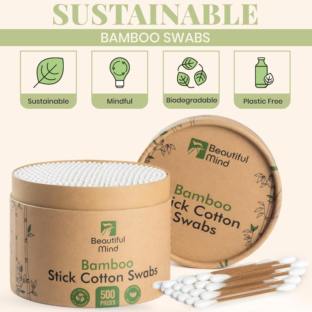 Natural Bamboo Cotton Swabs for Ears – 500 Pack – Qtips with Carbonized Bamboo for Durability – Eco-Friendly, Biodegradable & Vegan – 100% Cotton Ear Swabs Organic for Makeup (Drawer Box)