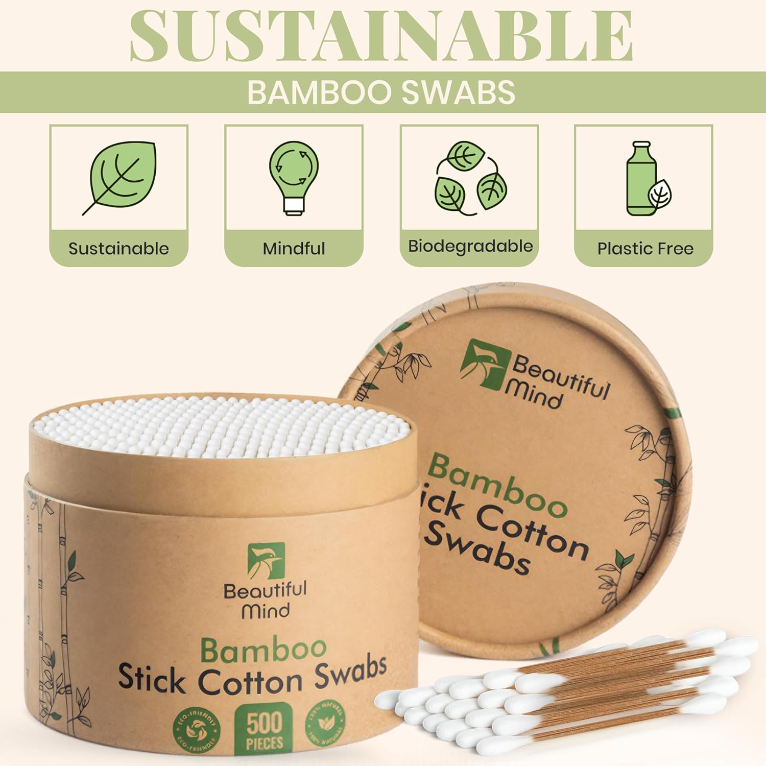 Natural Bamboo Cotton Swabs for Ears – 500 Pack – Qtips with Carbonized Bamboo for Durability – Eco-Friendly, Biodegradable & Vegan – 100% Cotton Ear Swabs Organic for Makeup (Drawer Box)