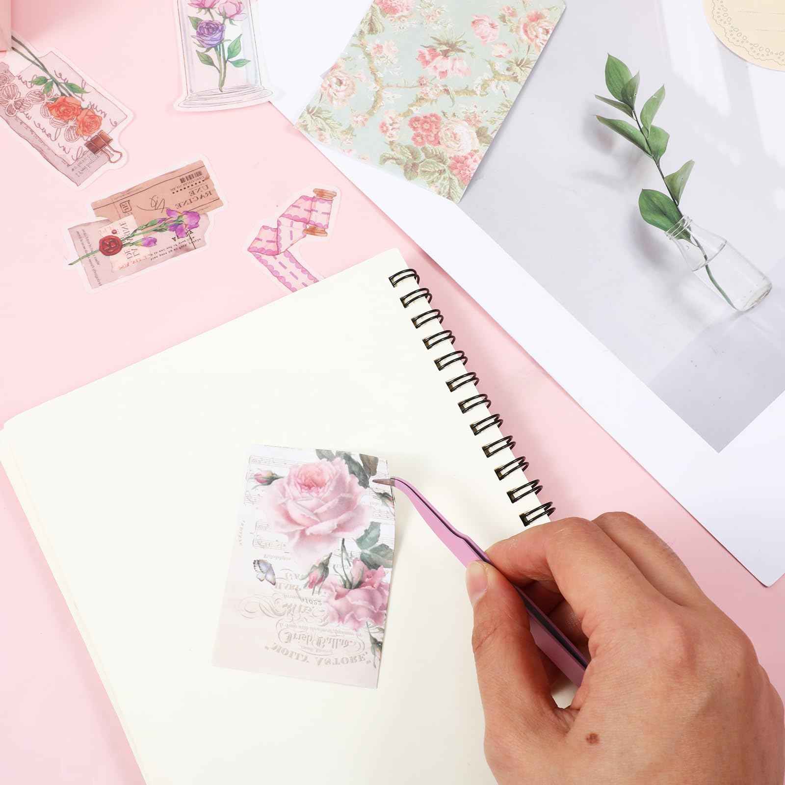 Tweezers for Crafting, 2PCS Sticker Tweezers Pink Craft Tweezers Stainless Steel Lash Cluster Tweezers Straight and Curved Nail Tweezers Eyelash Tweezers for Lash Extensions Scrapbooking Jewelry Tools