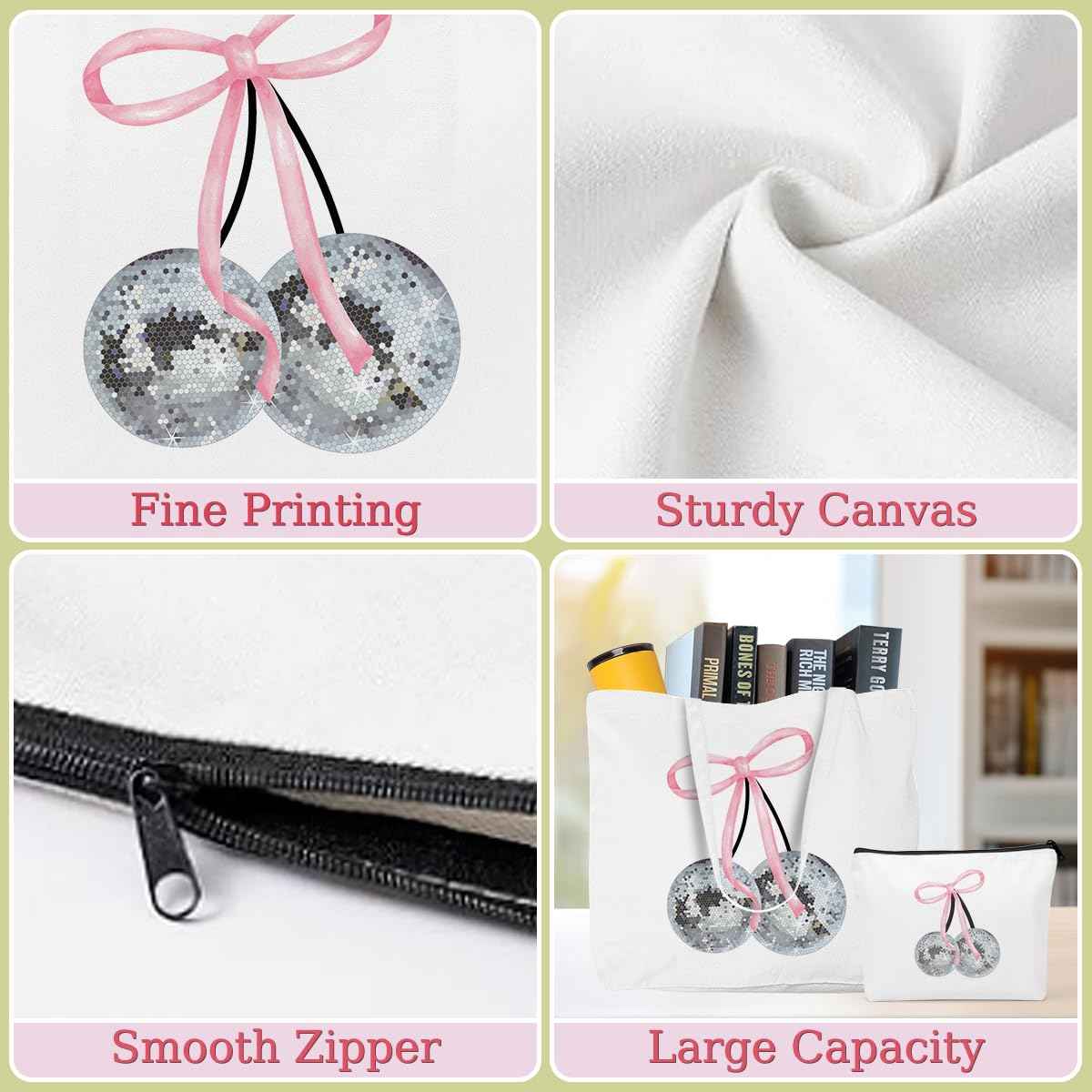 Cute Pink Coquette Bow Cherry Canvas Tote Bag Beach Tote Bag for Women with inner Pocket, Preppy Stuff Gifts for Women Teen Girls Sister Friendship Reusable Shopping Grocery Bags Travel Makeup Bagss