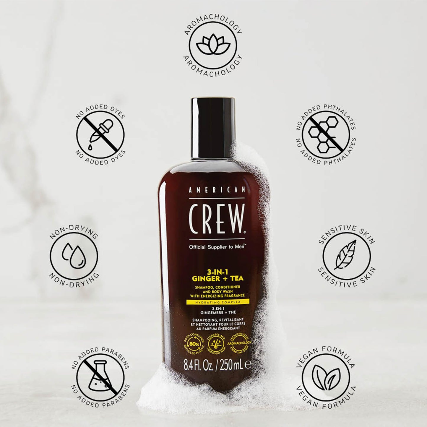 AMERICAN CREW 3-IN-1 GINGER + TEA Shampoo, Conditioner and Body Wash, 8.4 Fl Oz (Pack of 1)