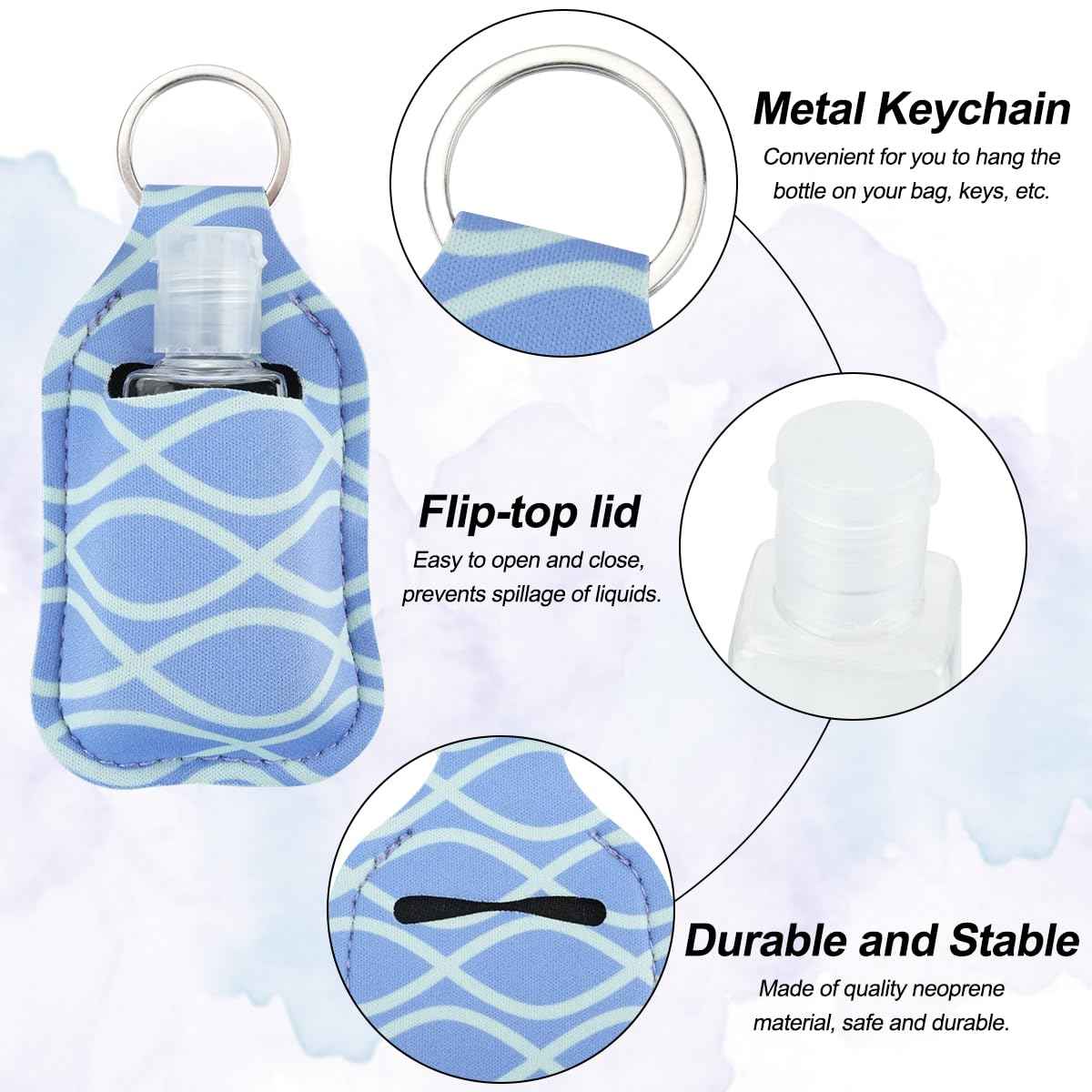 IBEQUEM 83Pcs Hand Sanitizer Holder Set, 40 Pcs Hand Sanitizer Holder Keychains & 40 Reusable Flip Cap Travel Bottles (30ml/1oz), 3 Funnels, For Travel, Vacation, Camping, Picnic, Party, Home, Office