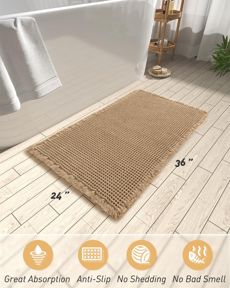 AMOAMI Upgraded Waffle Bath Mat, Super Absorbent Non Slip Bath Mats for Bathroom Floor, Machine Washable Bathroom Rugs with Tassels, Rubber Backed Bathroom Mat, Ultra Soft, Brown, 24" x 36"