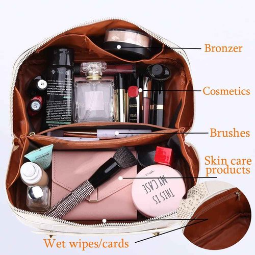 Cessfle Large Capacity Travel Cosmetic Bag, Boho Purple Makeup Bag Waterproof Leather Travel Toiletry Bag Woven Open Flat Makeup Organizer Bag