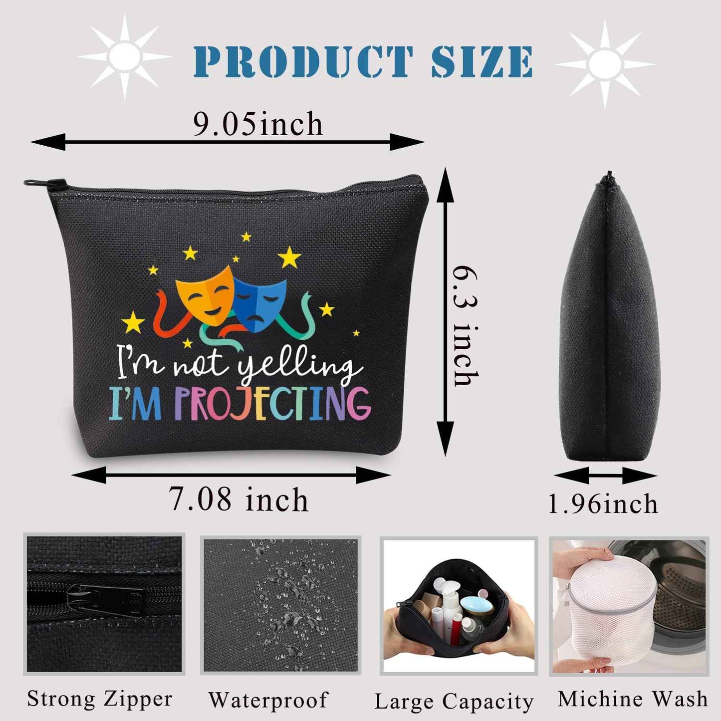BDPWSS Theatre Makeup Bag Drama Theater Lover Gift Comedy Tragedy Masks Cosmetic Bag i'm Not Yelling I'm Projecting Drama Acting Travel Pouch (Yelling projecting BL)