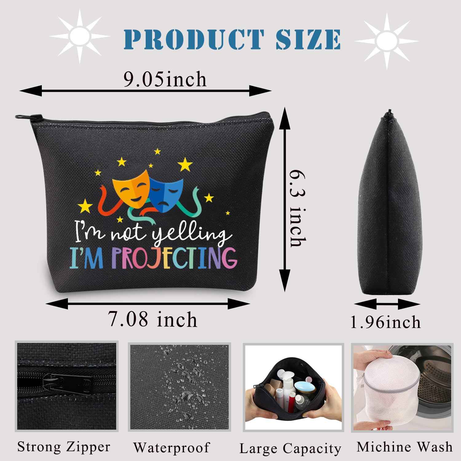 BDPWSS Theatre Makeup Bag Drama Theater Lover Gift Comedy Tragedy Masks Cosmetic Bag i'm Not Yelling I'm Projecting Drama Acting Travel Pouch (Yelling projecting BL)