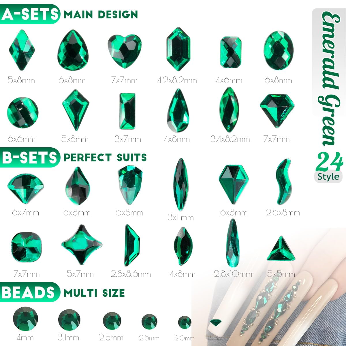 4 Boxes Green Nail Rhinestones Glitters Kit, 24 Shapes K9 Glass Emerald Green Gems Flatback Round Gems Stones Diamonds Crystals Nail Art Supplies Nail Charms for Acrylic Nails Faces Body DIY Crafts