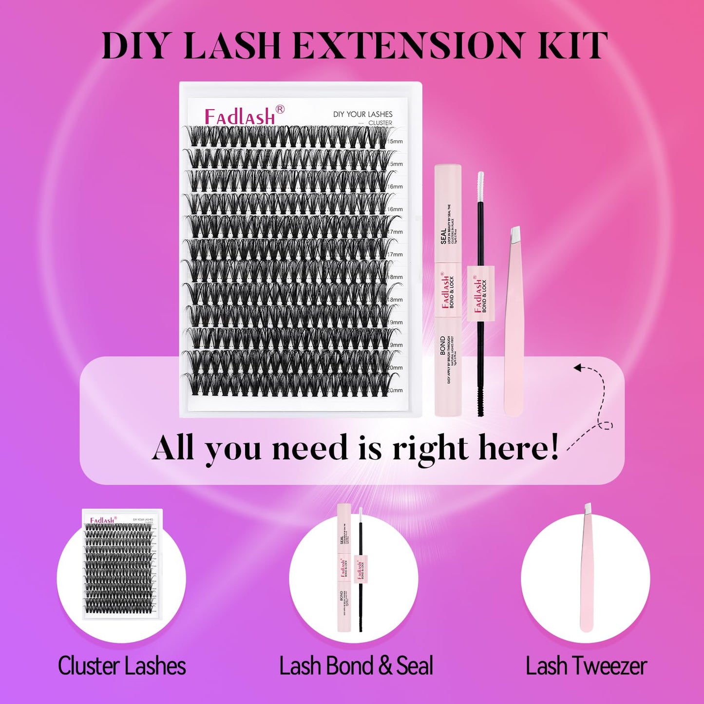 FADLASH DIY Lash Extension Kit Individual Lashes Cluster D Curl Eyelash Extension Kit with Lash Bond and Seal and Lash Applicator Tool for Self Application at Home (40D-0.07D-15-20MIX KIT)