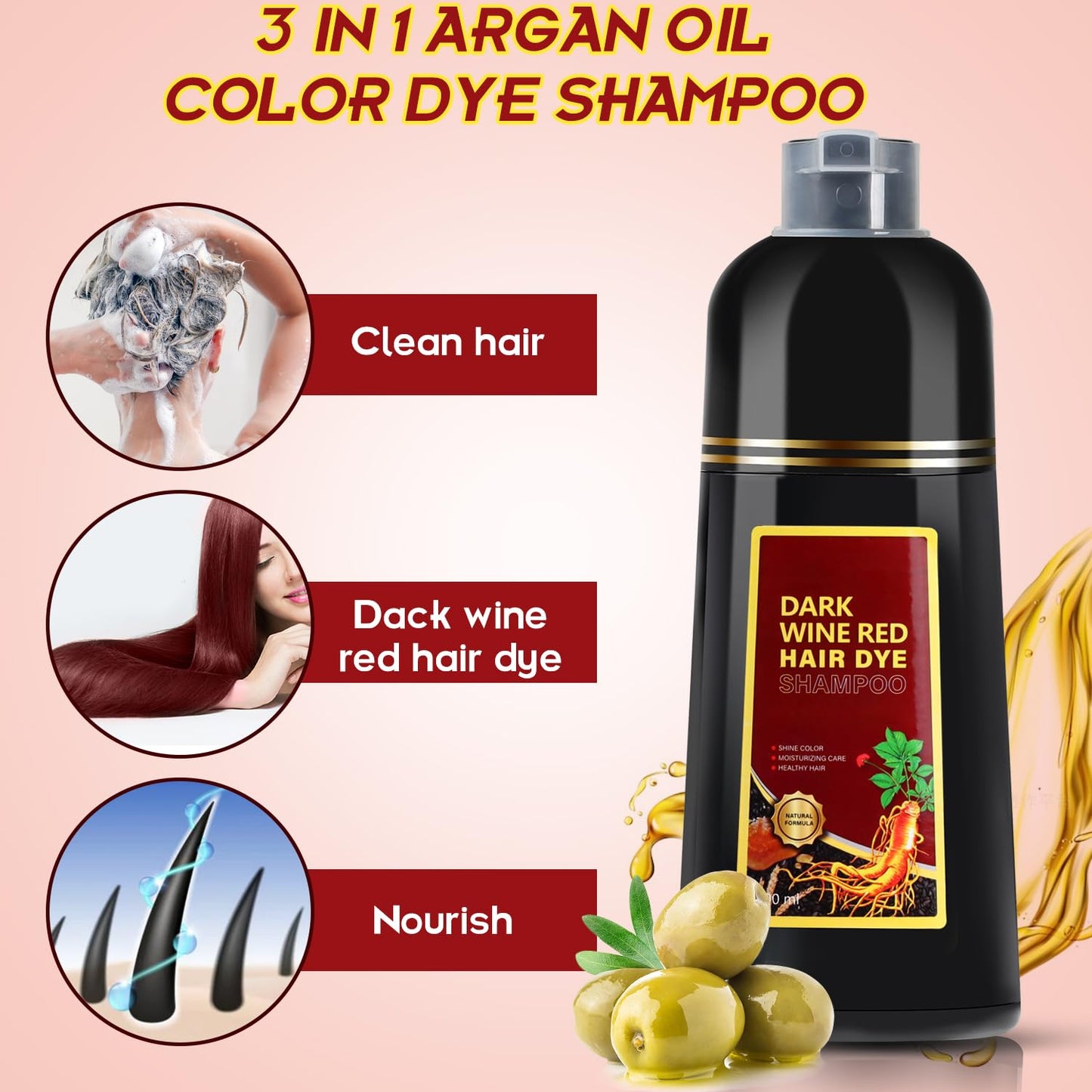 Dark Wine Red Herbal Hair Dye Shampoo 3 in 1, 500ml for Gray Hair Grey Coverage Shampoo for Women Men