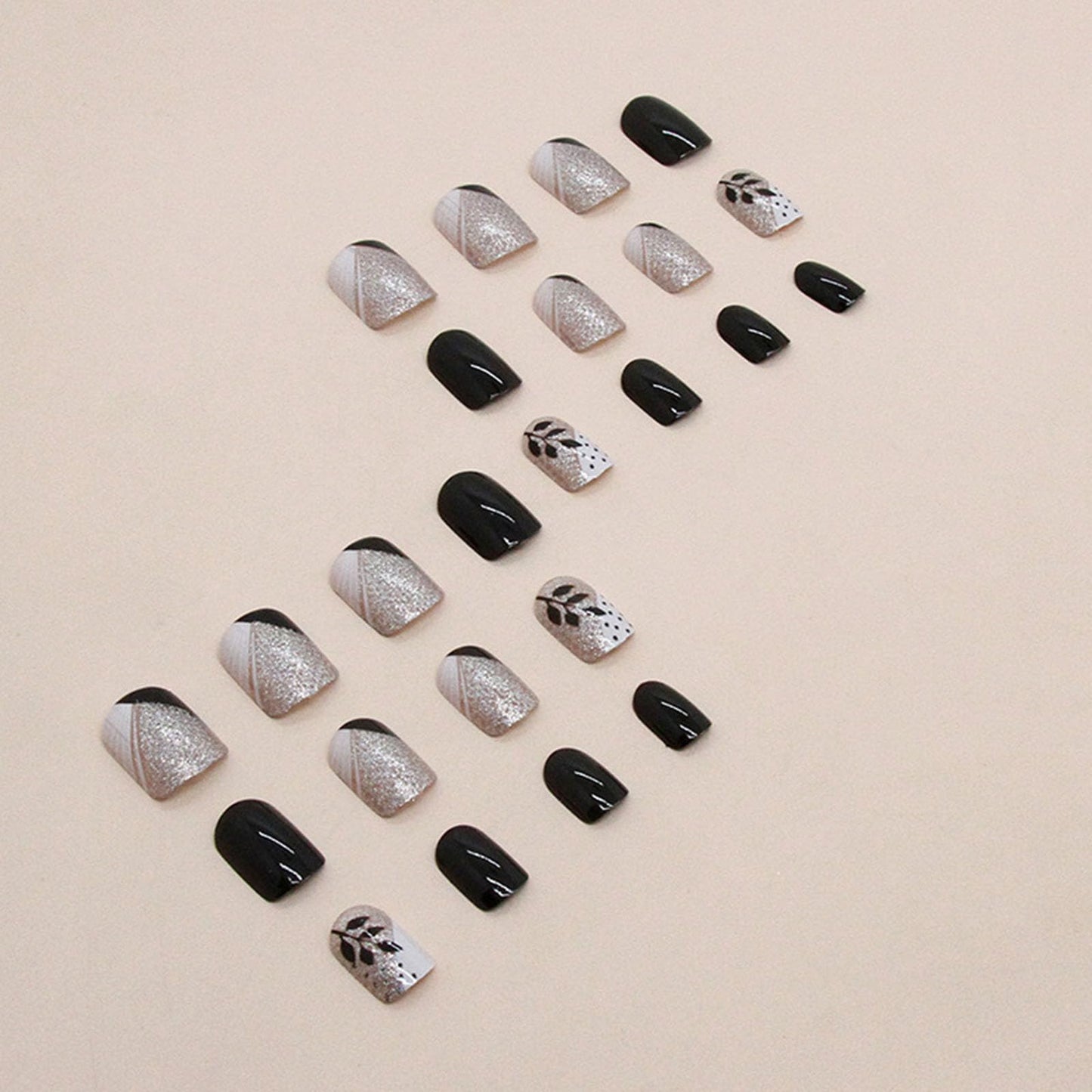 Fall Press on Nails Short Square Fake Nails with Leaves & Glitter Designs French Tip Press ons Glossy Glue on Nails Black False Nails Artificial Stick on Nails for Women 24Pcs